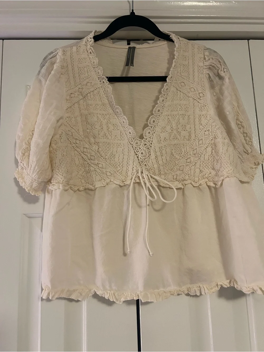 Anthropologie Cream Lace-Front Peasant Blouse with Tie